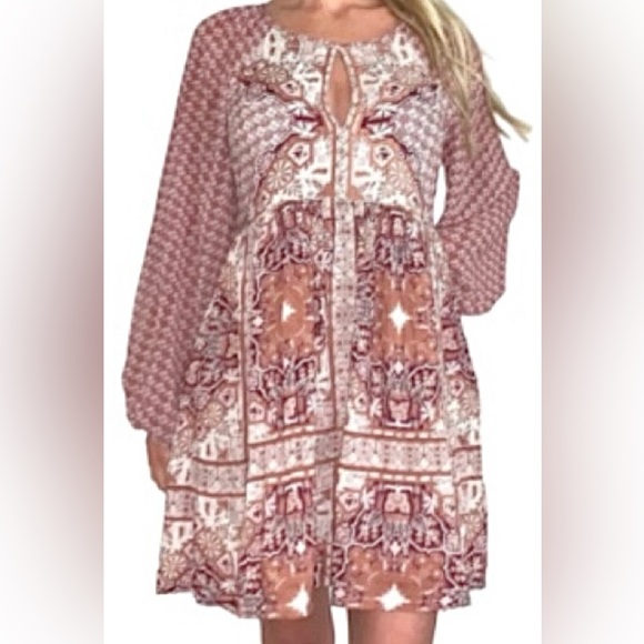 Free People Oksana Babydoll Peasant Dress w Long Puff Sleeves Geo Floral Print - Picture 4 of 8